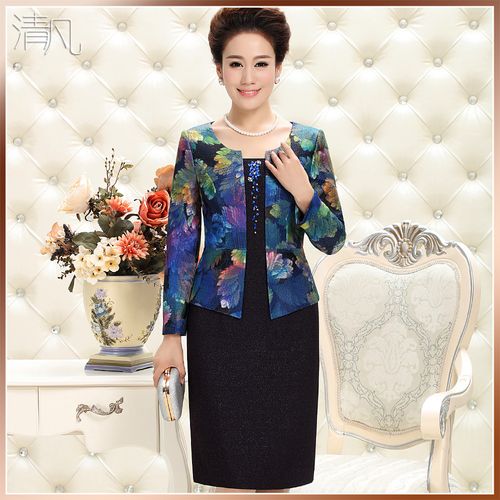 清凡高檔婚禮媽媽裝連衣裙長袖春裝新款時尚藍色假兩件結婚禮服裝產(chǎn)品